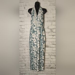 SHEIN Halter Jumpsuit Green White Wide Leg Summer Resort XL